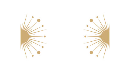 Celestial sunbursts with scattered dots and small circles create a symmetrical mystical and radiant decorative element on a white background