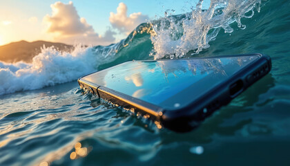 Waterproof smartphone floats on ocean surface. Big wave splashes around modern mobile phone. Tech device resists water during beautiful golden hour sunset light, showing durability near beach shore.