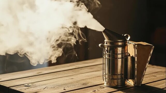 Smoking Bee Smoker on Wooden Surface for Beekeeping Supplies Catalogs, Honey Production Websites, Apiculture Education, and Sustainable Farming Articles