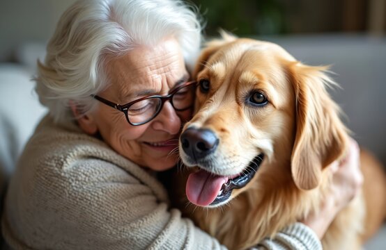 An elderly woman embraces her golden retriever dog at home. Senior lady with glasses hugs pet friend with love. Companionship and joy in indoor environment at a cozy space. - Powered by Adobe