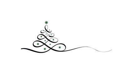 Elegant black ink calligraphy christmas tree with delicate swirling branches and subtle star accent on white background
