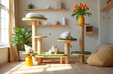 Three domestic cats rest on modern multi tier scratching post cat tree. Two white cats, one tabby cat enjoy sunlit levels with green turf. Elegant pet furniture provides cozy home for playful animals