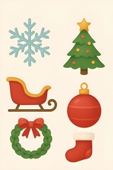 A set of festive Christmas icons featuring some of the holidays symbols on a light background.