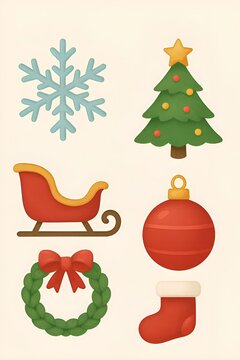 A set of festive Christmas icons featuring some of the holidays symbols on a light background.