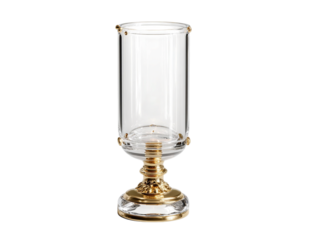 PNG of Elegant transparent glass candle holder with a golden base, perfect for adding a touch of luxury to any decor.