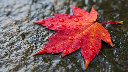 Close Up of Red Maple Leaf Covered in Raindrops Lying on Wet Stone Displaying Autumnal Colors and Textured Surface in Natural Light During Rainy Day Photo