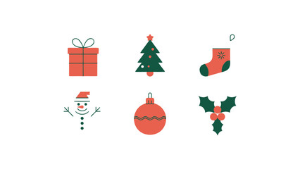 Collection of six classic christmas icons including a gift box evergreen tree stocking snowman ornament and holly sprig