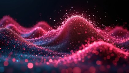 Abstract background with glowing pink, blue particle waves. Shiny glitter dust forms dynamic digital landscape on dark backdrop. Futuristic design with flowing energy motion, sparkling bokeh effect.