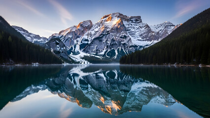 Stunning reflection of snowcapped mountain peak in a calm alpine lake at sunrise or sunset