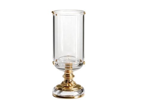 PNG of Elegant transparent glass candle holder with a golden base, perfect for adding a touch of luxury to any decor.