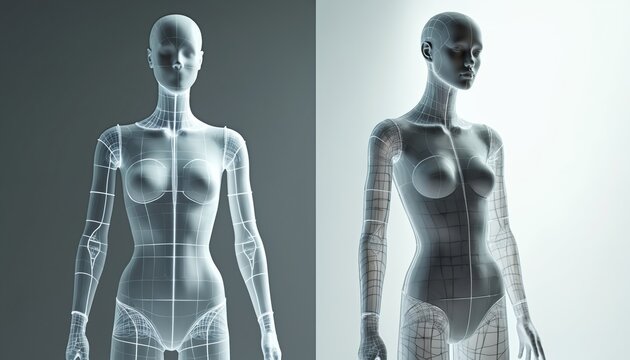 Two 3D wireframe mannequins show digital design. Virtual models illustrate fashion creation process, technology integration. Modern tech aids garment development, human body form modeling in virtual