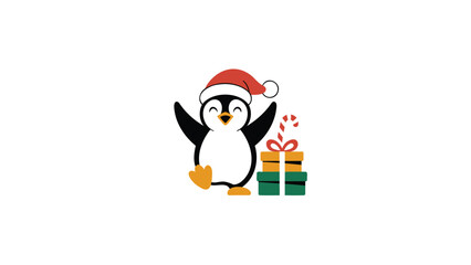 Adorable cartoon penguin wearing a santa hat with arms raised standing next to christmas presents and candy canes