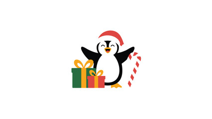 Adorable cartoon penguin wearing a santa hat holding a christmas gift and candy cane with open arms