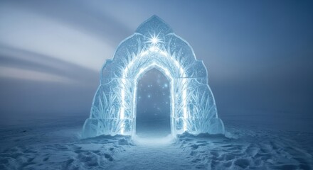 Enchanting Ice Archway Portal with Ethereal Glow in Snowy Landscape.