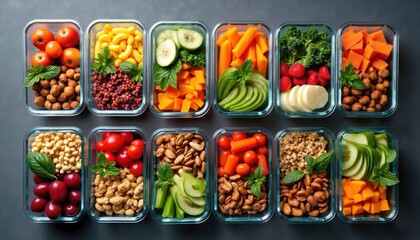 Glass meal prep containers with healthy food for balanced diet. Lunch boxes filled with fresh vegetables, fruits, nuts, snacks. Convenient ready to go meals organized for week, promoting wellness