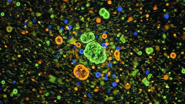 Microscopic World A Vibrant Exploration of Cells and Microorganisms Under Fluorescence Microscopy Revealing Intricate Biological Structures and Processes in a Dynamic Colorful Display.