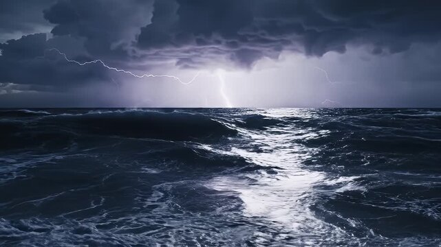 Stormy Ocean Lightning Over Dark Seas at Night.