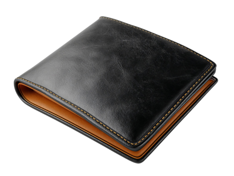 PNG of Stylish black leather wallet with a sleek design, featuring a contrasting inner lining. Perfect for modern elegance.