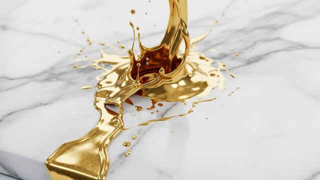 Luxurious golden liquid cascade with splash on elegant white marble texture backdrop