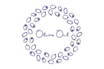 Vector doodle sketch olives fruit wreath for Mediterranean or vegan diet. Olive berries round frame. Food, natural organic cosmetics illustration for invitations, labels, packaging, emblem, sticker. 