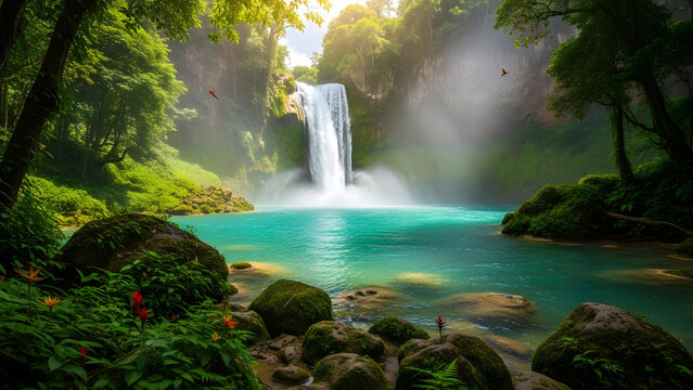 Lush tropical waterfall cascades into a vibrant turquoise pool surrounded by dense green jungle foliage and mossy rock