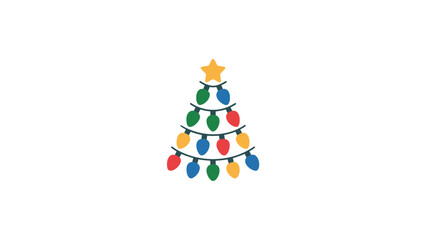 Whimsical flat design christmas tree decorated with colorful vintage style light bulbs and a yellow star