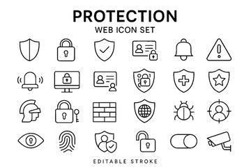 Naklejka premium Protection and Security Web Icon Set – Line Style Safety, Privacy, Shield, Firewall, Cybersecurity Icons