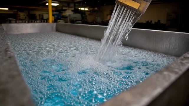 Medium shot of rapid quenching bath where heated metal components are swiftly cooled to increase hardness and durability in a manufacturing setting.