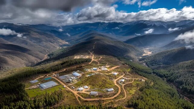 Medium shot of remote copper mining site showcasing ecofriendly extraction with minimal environmental disruption and natural landscape integration.