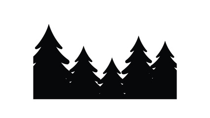 Silhouette of a dense forest of evergreen pine trees against a stark white background creating a minimalist natural landscape