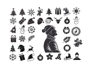 Obraz premium Extensive Collection of Festive Winter Holiday Icons Featuring Christmas Tree Star Snowflake Santa Claus Reindeer Ornament Candle Bell Gift Box Gingerbread Man and Leaf in Black Silhouette