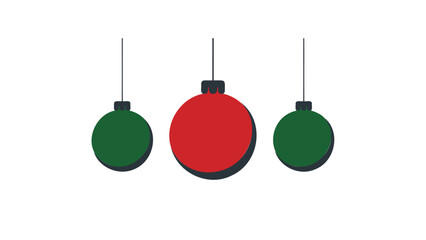 Three festive christmas ornaments one red and two green hanging against a clean white background