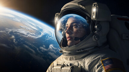 Contemplative astronaut in spacesuit gazing at Earth from orbit in deep space