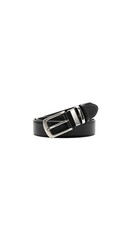 A black leather belt with a silver metal buckle