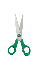 Open scissors with green handles on black background