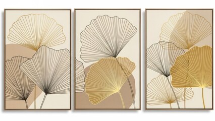 Elegant triptych artwork featuring delicate botanical line drawings and metallic accents