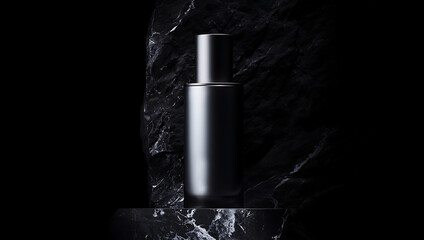 Sleek metallic bottle for luxury skincare, embodying modern elegance and minimalistic style with a dark, edgy aesthetic perfect for high-end brands