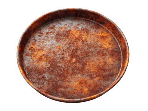 PNG of Aged and rusted metal tray with a rustic patina, showcasing unique textures and earthy tones.