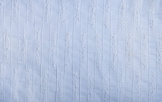 White cotton fabric with Chikankari Striped Floral Embroidery detail