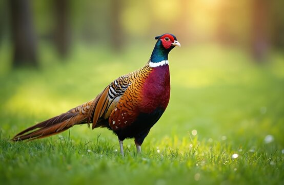 Male pheasant stands on green grass with blurred trees in background. Bird has colorful plumage and long tail. Sunlight shines on grass creating bokeh effect. It looks towards the right. - Powered by Adobe