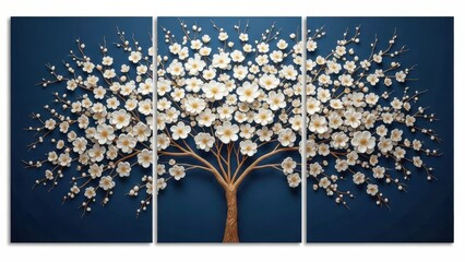 Fototapeta premium Elegant triptych canvas art depicting a white blossom tree against a deep blue background