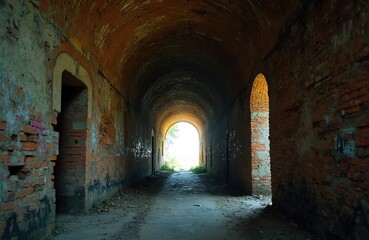 Fototapeta premium Long dark abandoned brick tunnel with vaulted ceiling shows decay, neglect. Bright light shines at far end of dusty passage, inviting urban exploration. Old industrial building grimy floor, crumbling