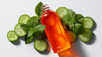 bottle of cucumber and mint body wash on a white background with slices of fresh green cucumber and sprigs of mint leaves