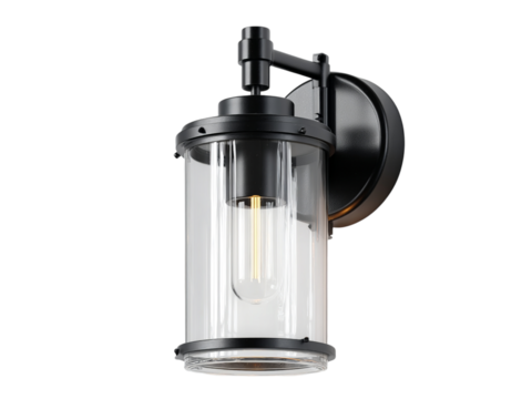 PNG of Elegant black metal wall sconce with a clear glass shade, offering a modern touch to any indoor or outdoor space.