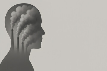 Human head silhouette filled with factory smokestacks and smoke, conceptual illustration about air pollution, mental health, stress and climate anxiety
