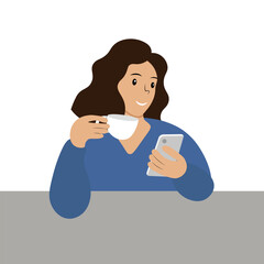 Portrait of a girl with a cup in one hand and a phone in the other, flat vector, isolated on white, coffee break, relaxation