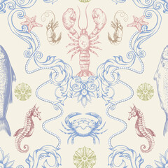 Fish sea vector seamless pattern with crabs octopus seahorse shells starfish and shrimp