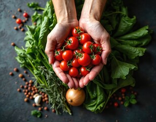 Person holds fresh tomatoes in hands. Composition features vegetables herbs spices. Healthy eating concept for World Food Day. Fresh eco food for vegetarian vegan diets.