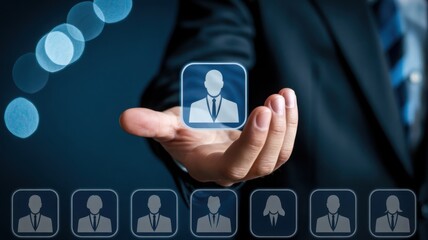 Hand of a businessman selecting a profile icon representing a person from a group of other icons, with an illustration feel