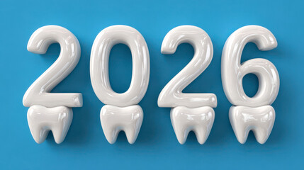 Creative dental design featuring the numbers 2026 made out of tooth shapes on a blue background for future dental events Generative AI